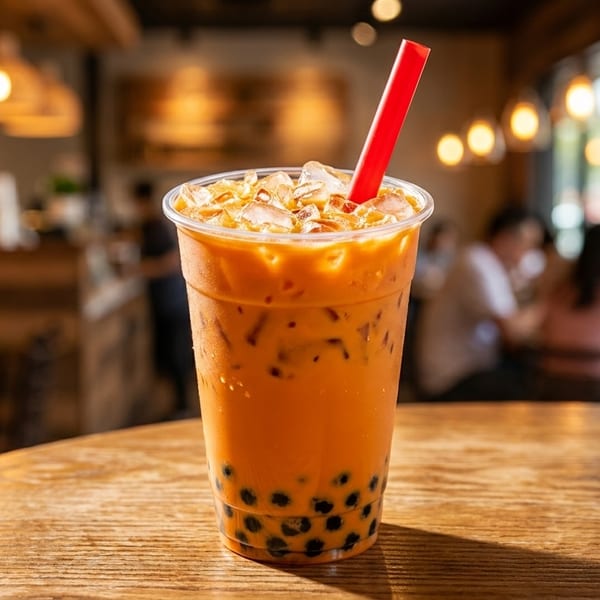 Iced Thai tea with boba and a red straw on a wooden table in a restaurant.