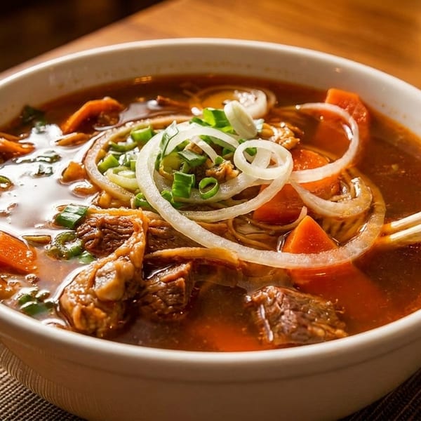 Close-up of a bowl of Vietnamese beef noodle soup with carrots, onions, and green onions.