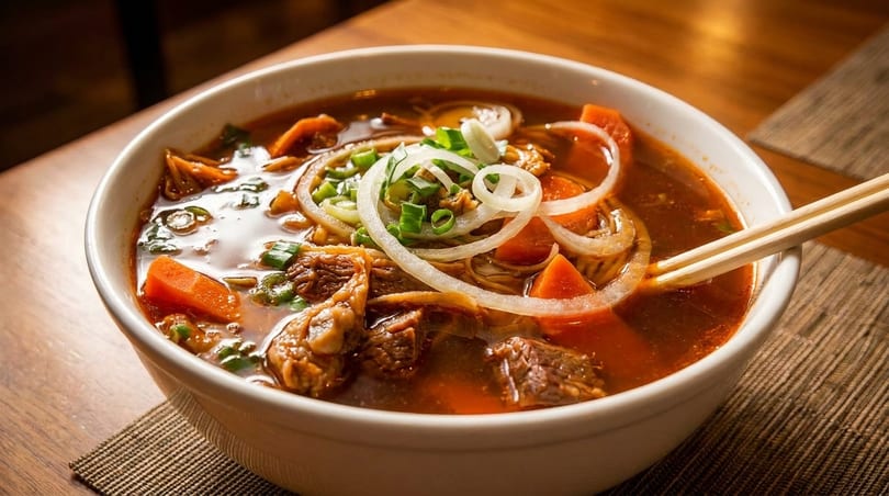 Close-up of a bowl of Vietnamese beef noodle soup with carrots, onions, and green onions.