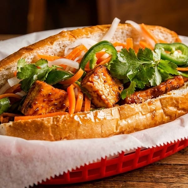 Close-up of a banh mi sandwich with tofu, pickled carrots, cilantro, and jalapeños in a red basket.