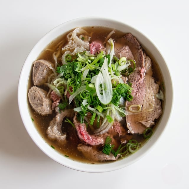 Noodle Soup with Eye Round Steak, Meatballs, Flank.