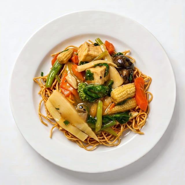 Stir-Fried Tofu & Vegetables on Top of Egg Noodles or Rice Noodles.